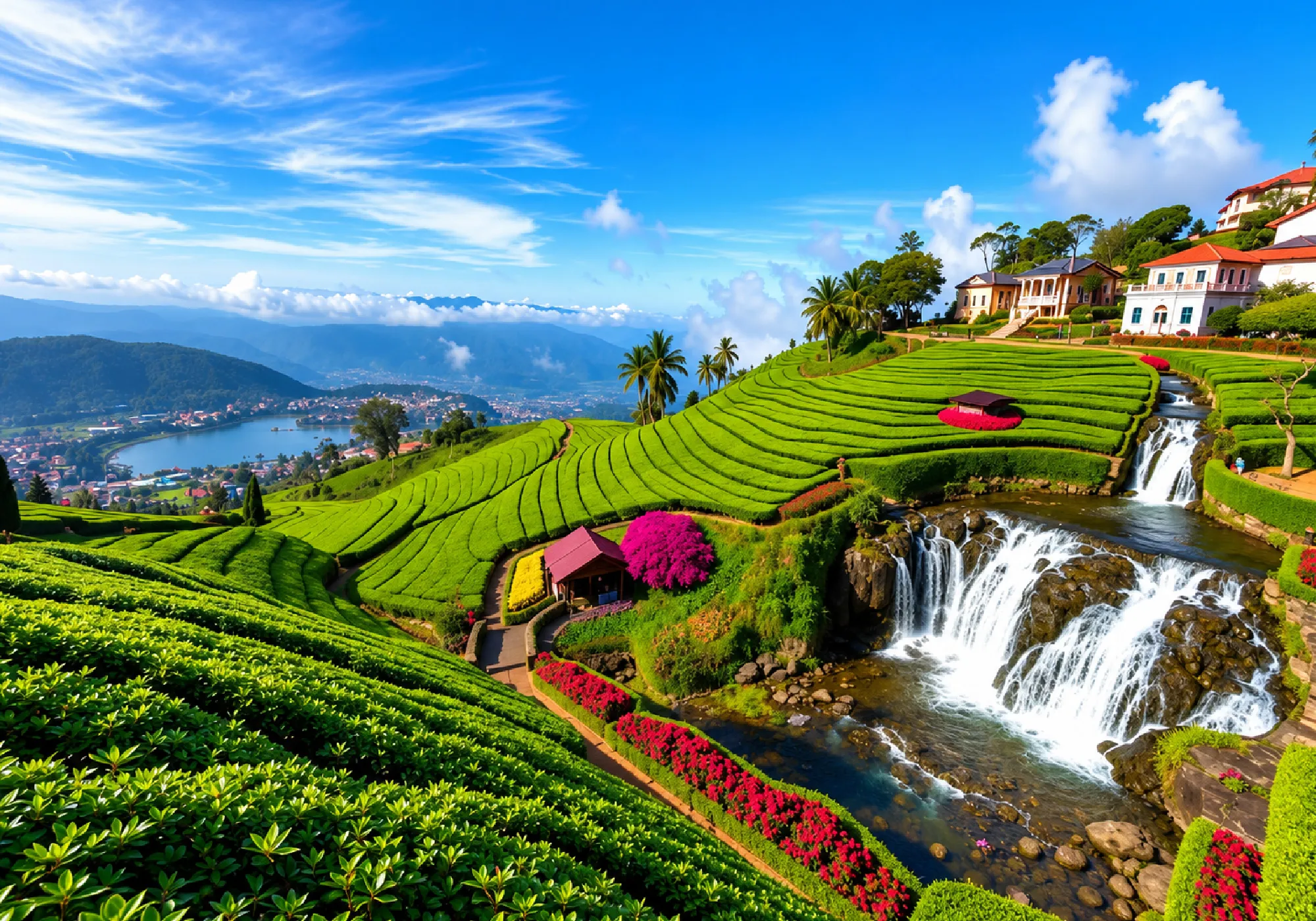 Scenic Sri Lanka tea plantation with lush green hills, cascading waterfalls, palm trees, and mountain views
