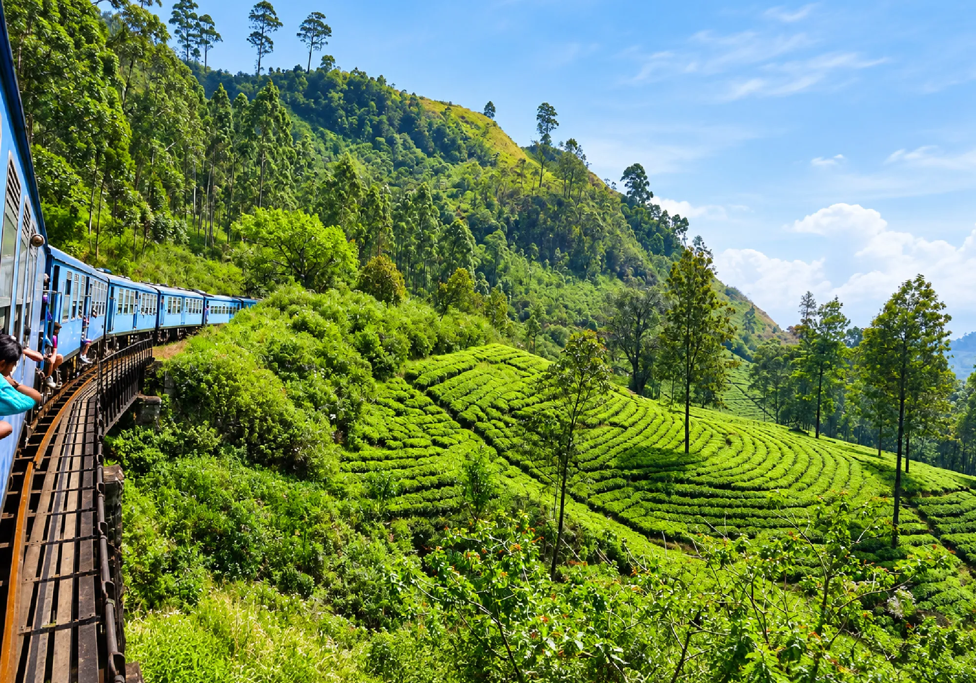 Scenic train journey through lush green tea plantations and mountains in Sri Lanka.