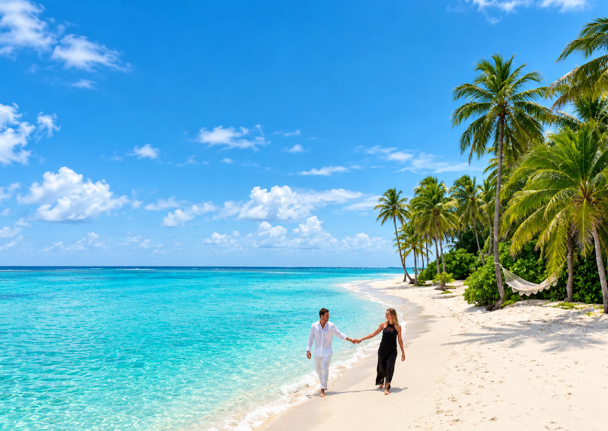 Romantic couple walking hand in hand along a tropical beach in Sri Lanka with turquoise water, white sand, and palm trees.