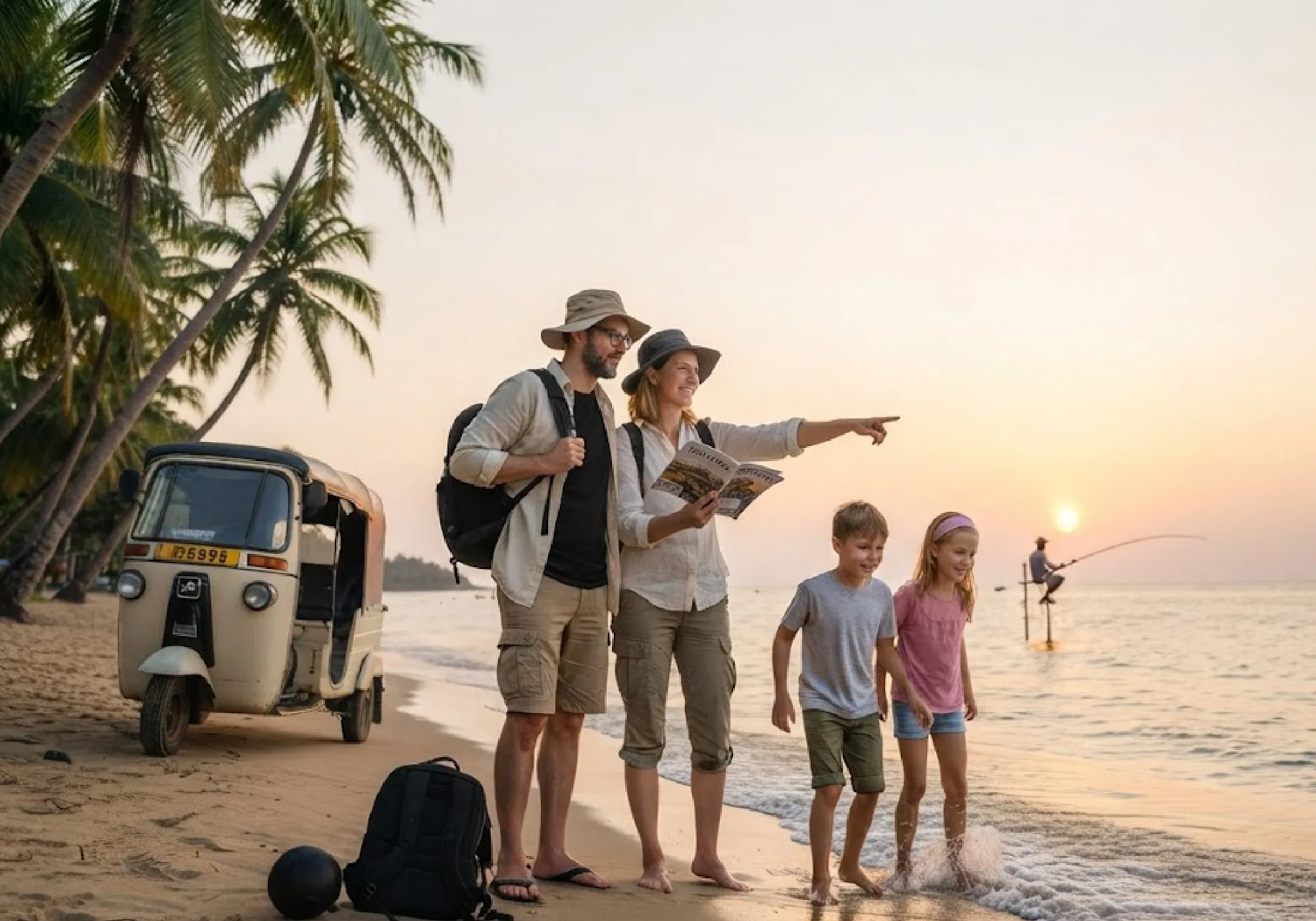 Family enjoying a beach vacation in Sri Lanka with Sri Lanka tour packages, featuring tropical scenery, a tuk-tuk, and seaside travel.