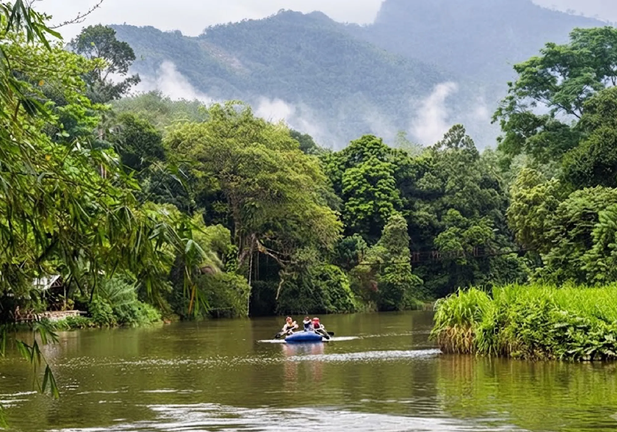 Scenic Sri Lanka river surrounded by lush tropical forest, misty mountains, and a small boat on the water.