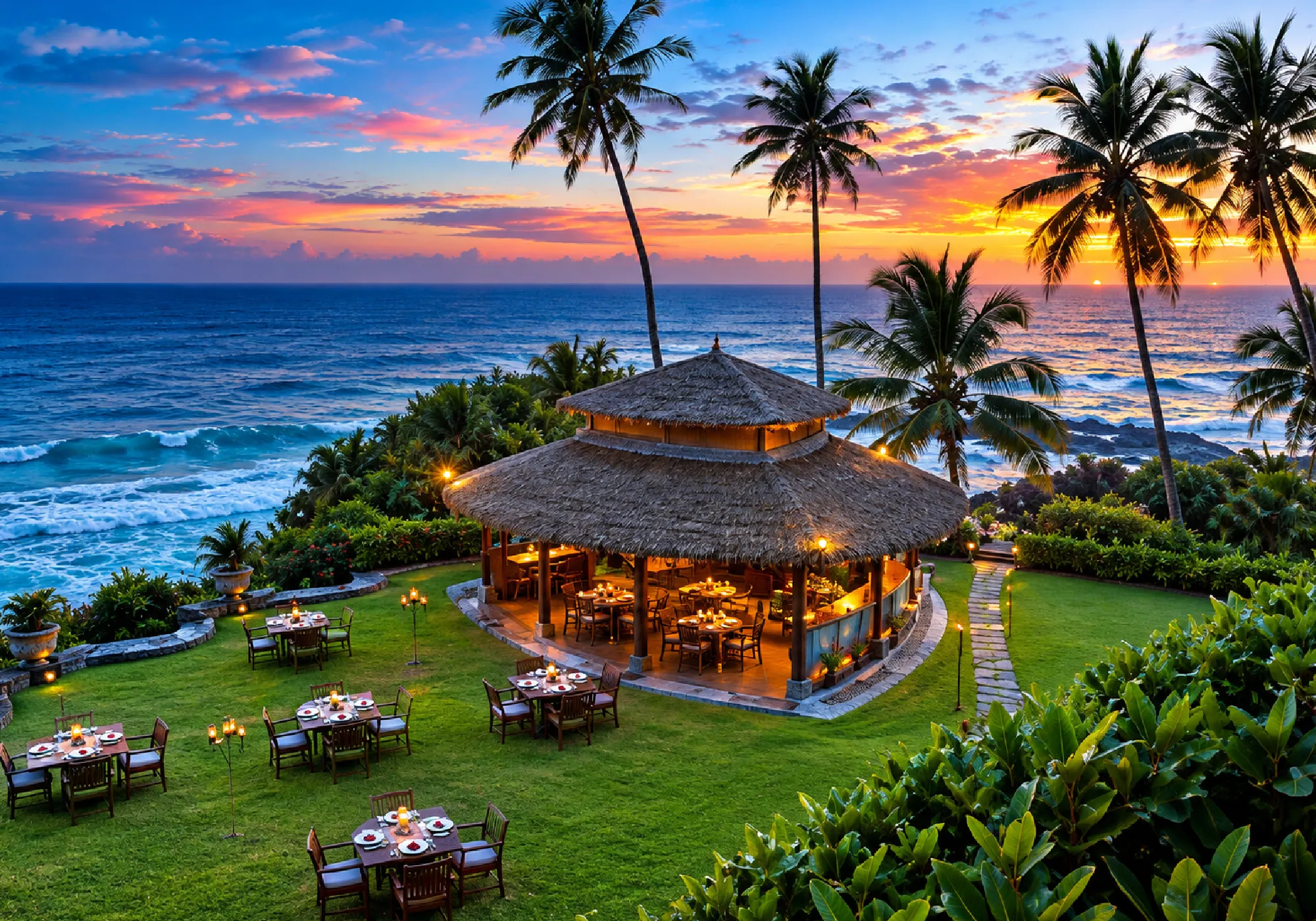 Luxury beachfront dining experience in Sri Lanka showcasing tropical scenery for memorable Sri Lanka tour packages.
