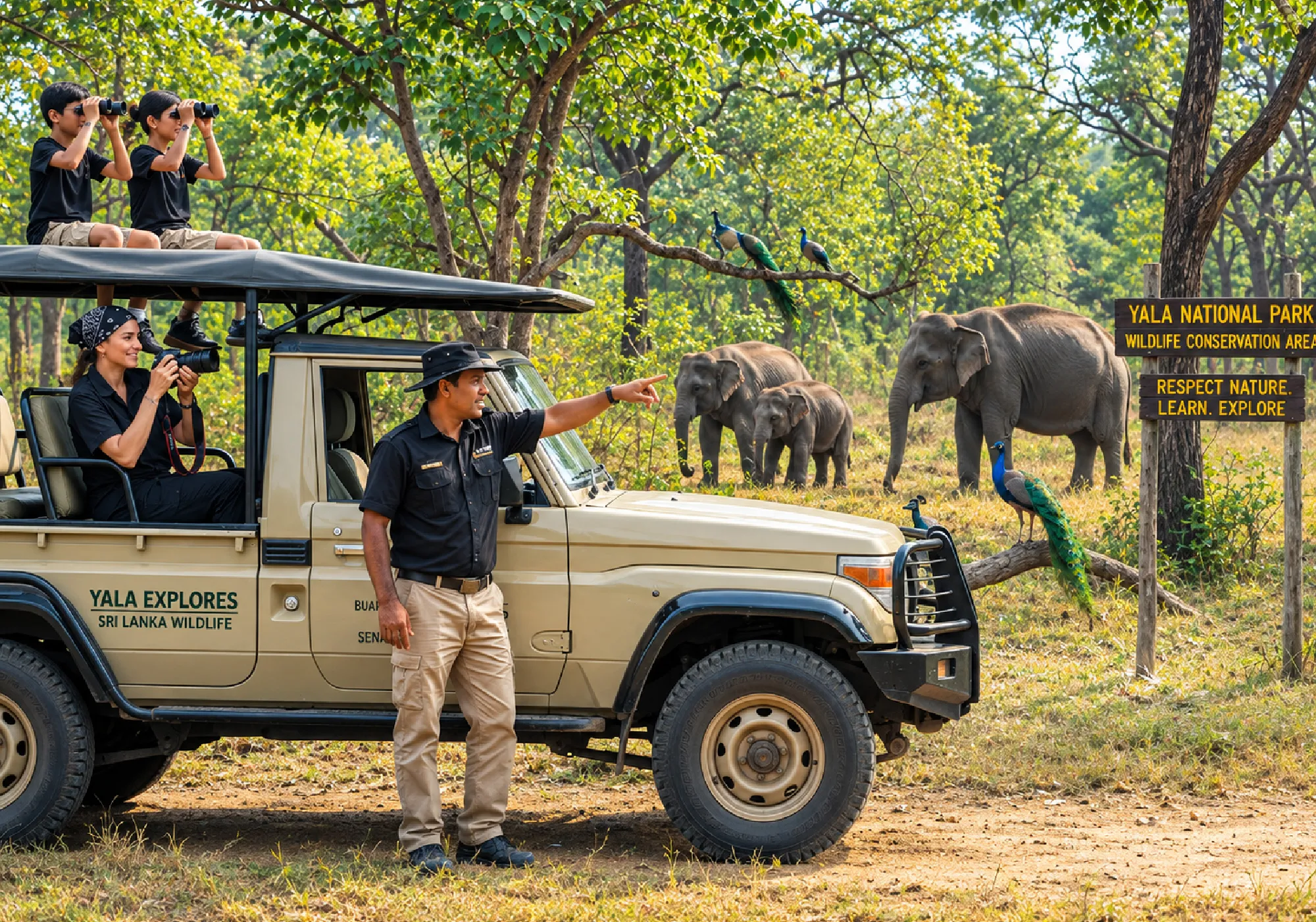 Sri Lanka tour package family wildlife safari at Yala National Park with elephants and peacocks
