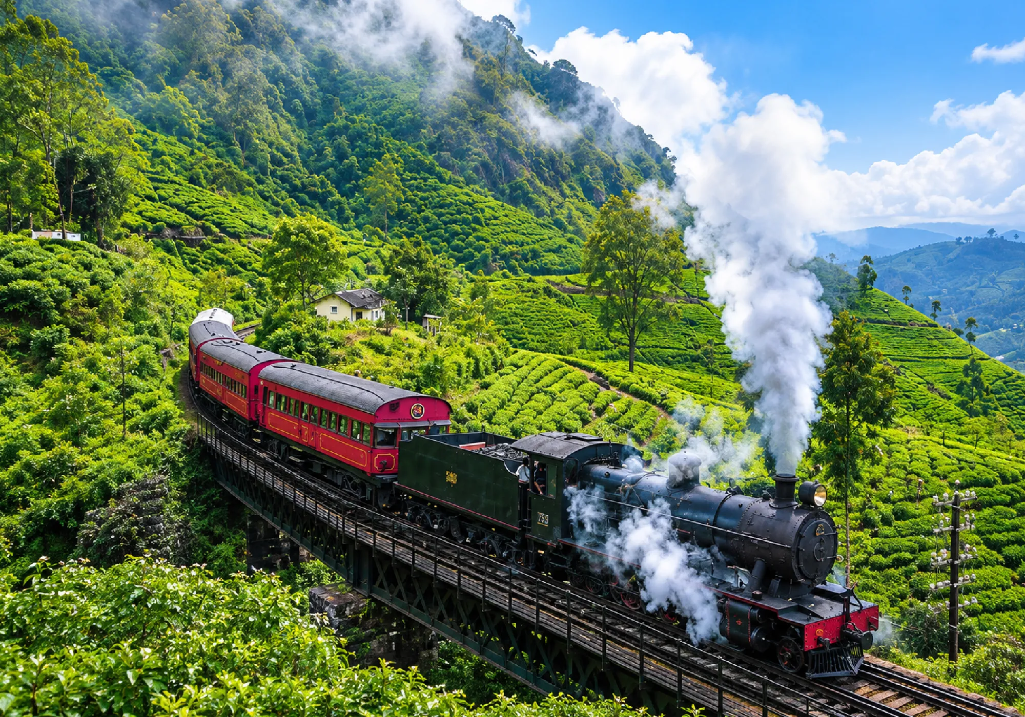 Scenic train journey through the lush green tea plantations of Sri Lanka&amp;amp;#039;s hill country.