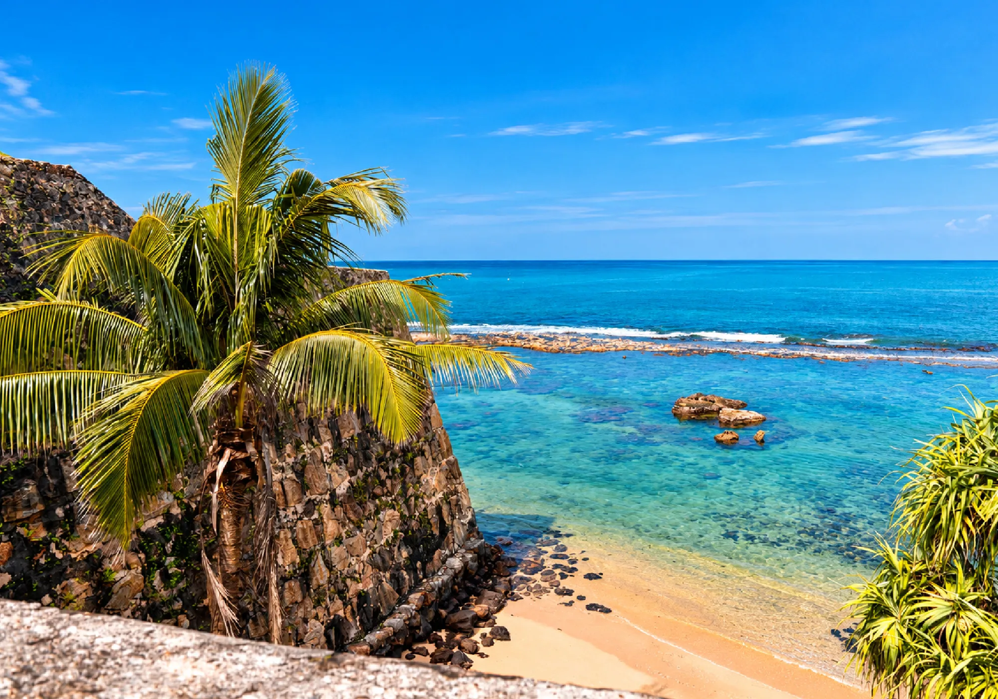 Scenic Sri Lanka beach with crystal-clear turquoise water, golden sand, rocky coastline, and tropical palm trees under a bright blue sky.