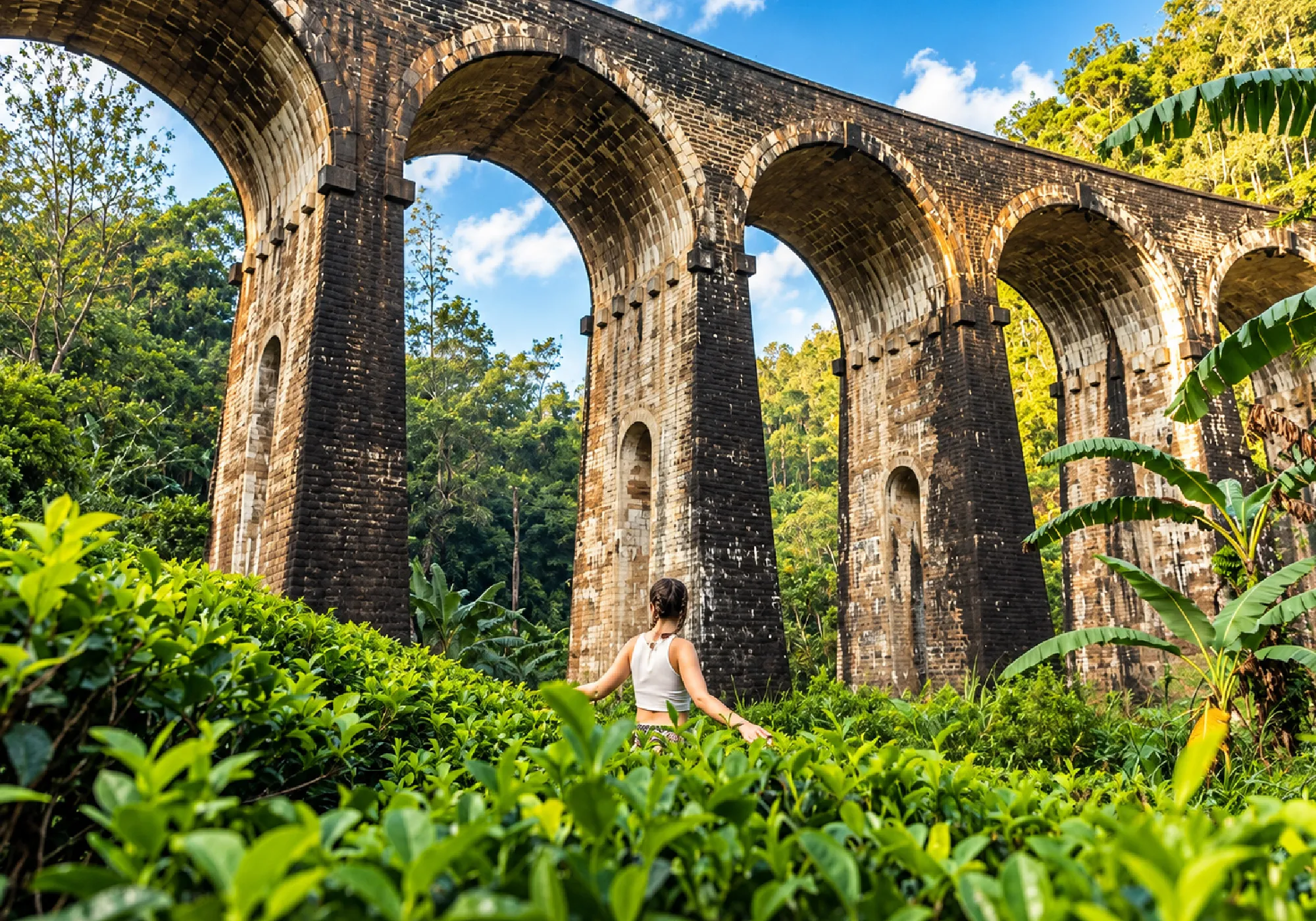 Nine Arch Bridge in Sri Lanka surrounded by lush green tropical forest and scenic natural landscapes.
